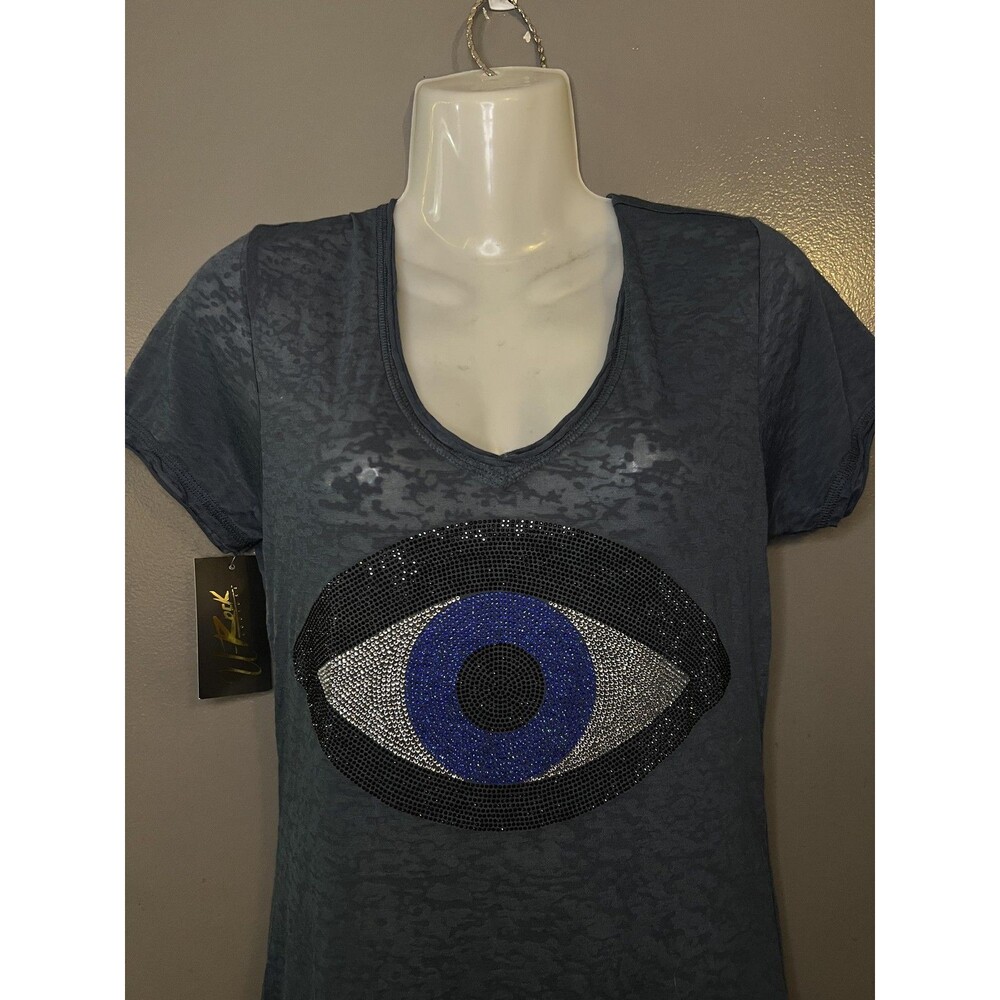 Addicted Shirt Womens Large Navy Burnout Evil Eye Rhinestone Graphic Tunic Top